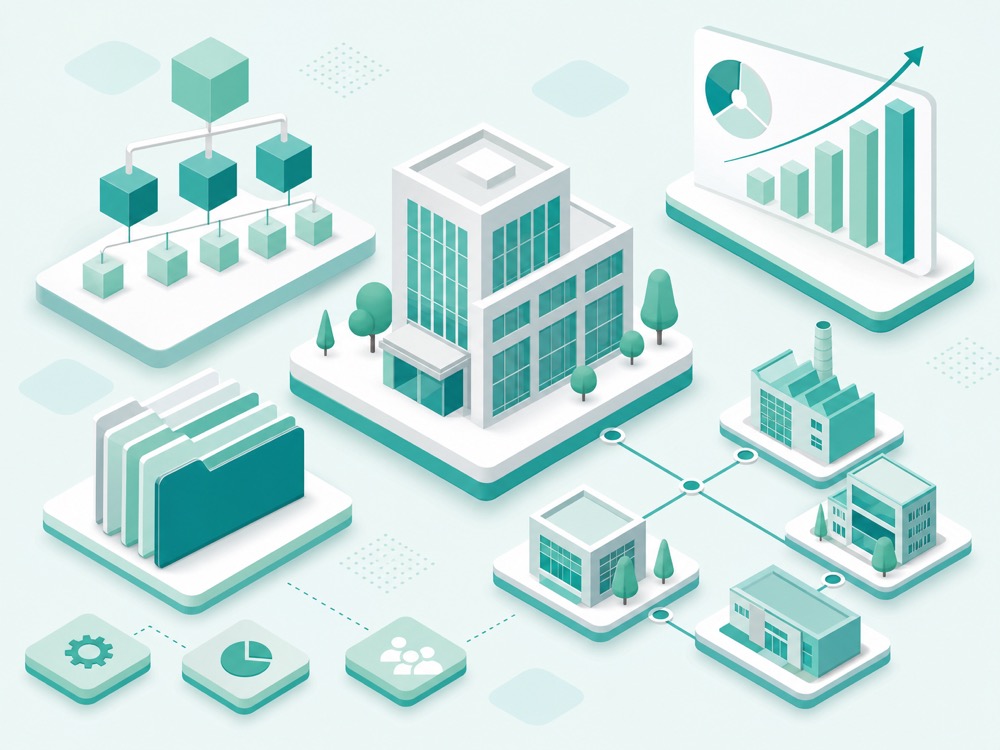 Isometric illustration of holding company structure with interconnected subsidiaries, portfolio folders, and growth charts